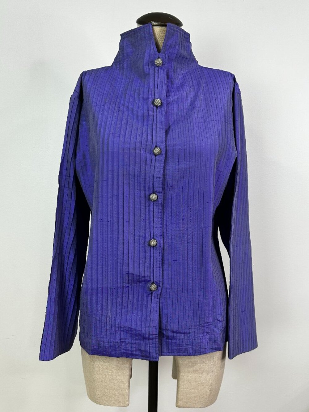 Janet Egan Design 100% Silk Dupioni Pintuck Shirt Jacket Purple High Neck